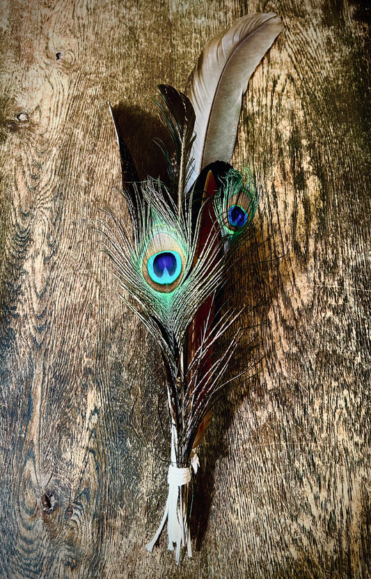 Mixed Feather Smudge Wand  - Peacock & Peahen
