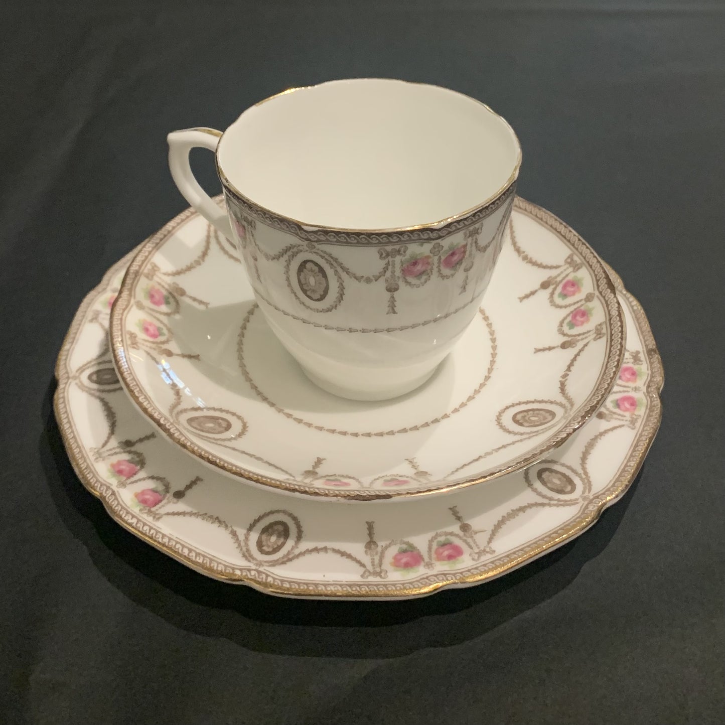 Tea cup & Saucer set x3 Pink Rose & Tassels