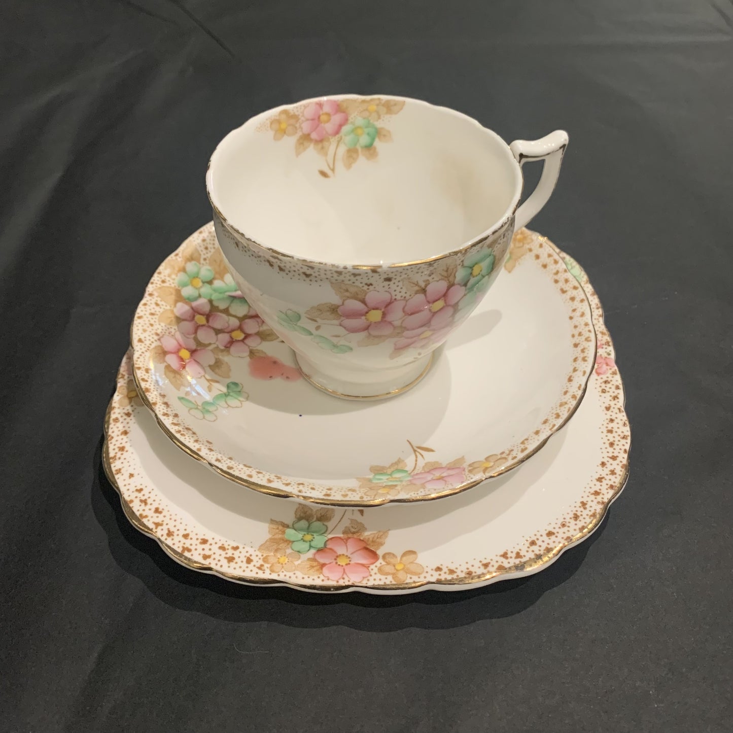 Tea Cup & Saucer set x 3 - Pastel Flowers and Gold